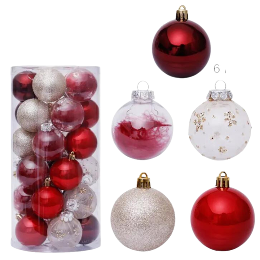 30pcs Shatter Proof Red & White Baubles