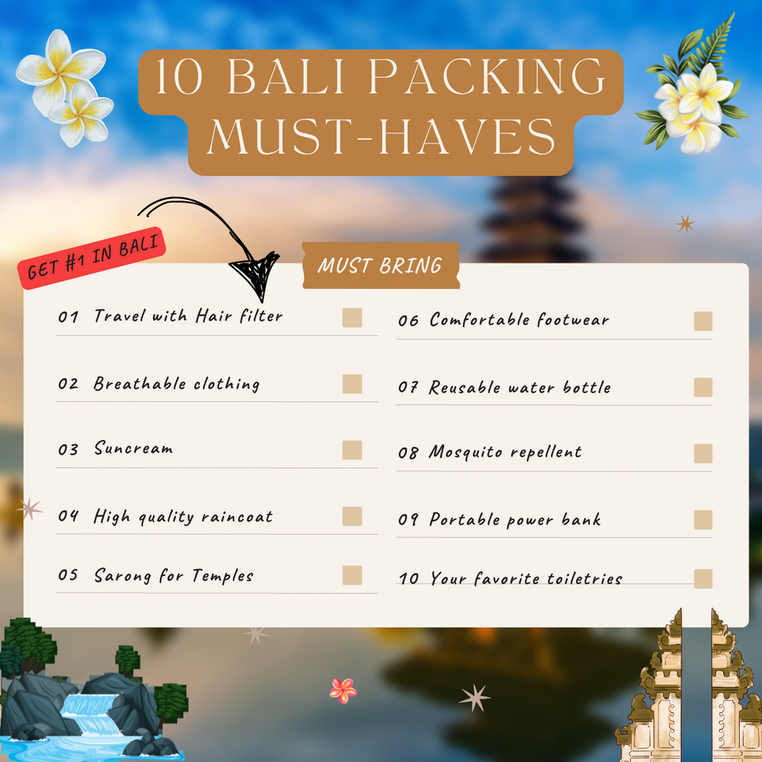 Bali packing list with ten essential items.